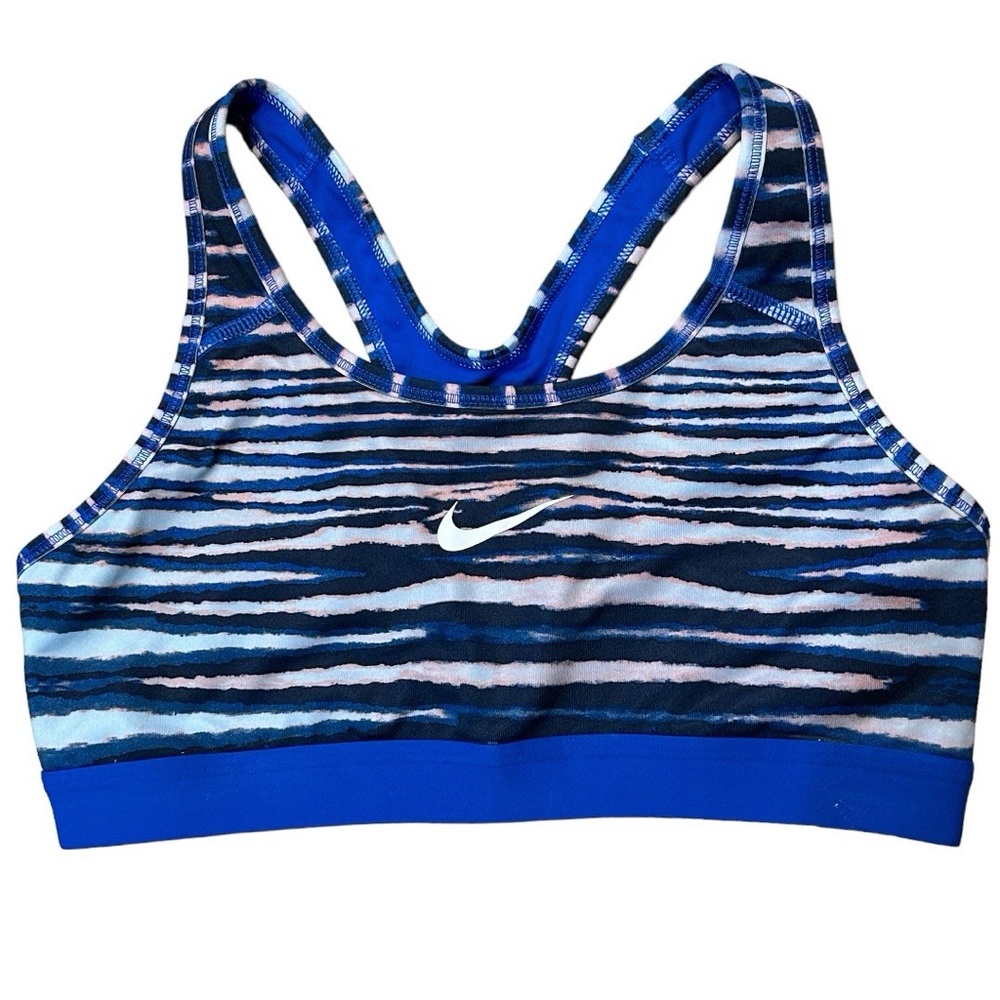 NIKE Dri-Fit Sports Bra, Racerback, Blue All-Over Graphic, Medium, Swoosh Logo